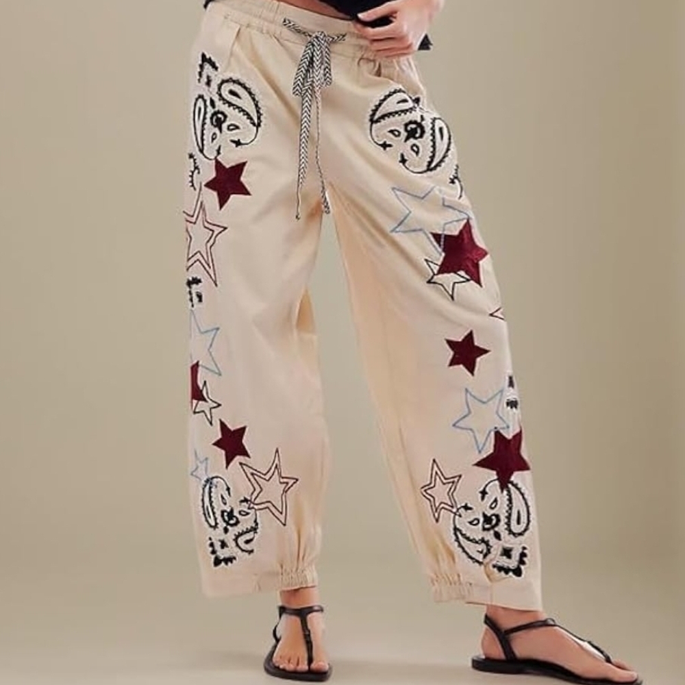 Black and Cream Boot Cut Pants with Relaxed Fit